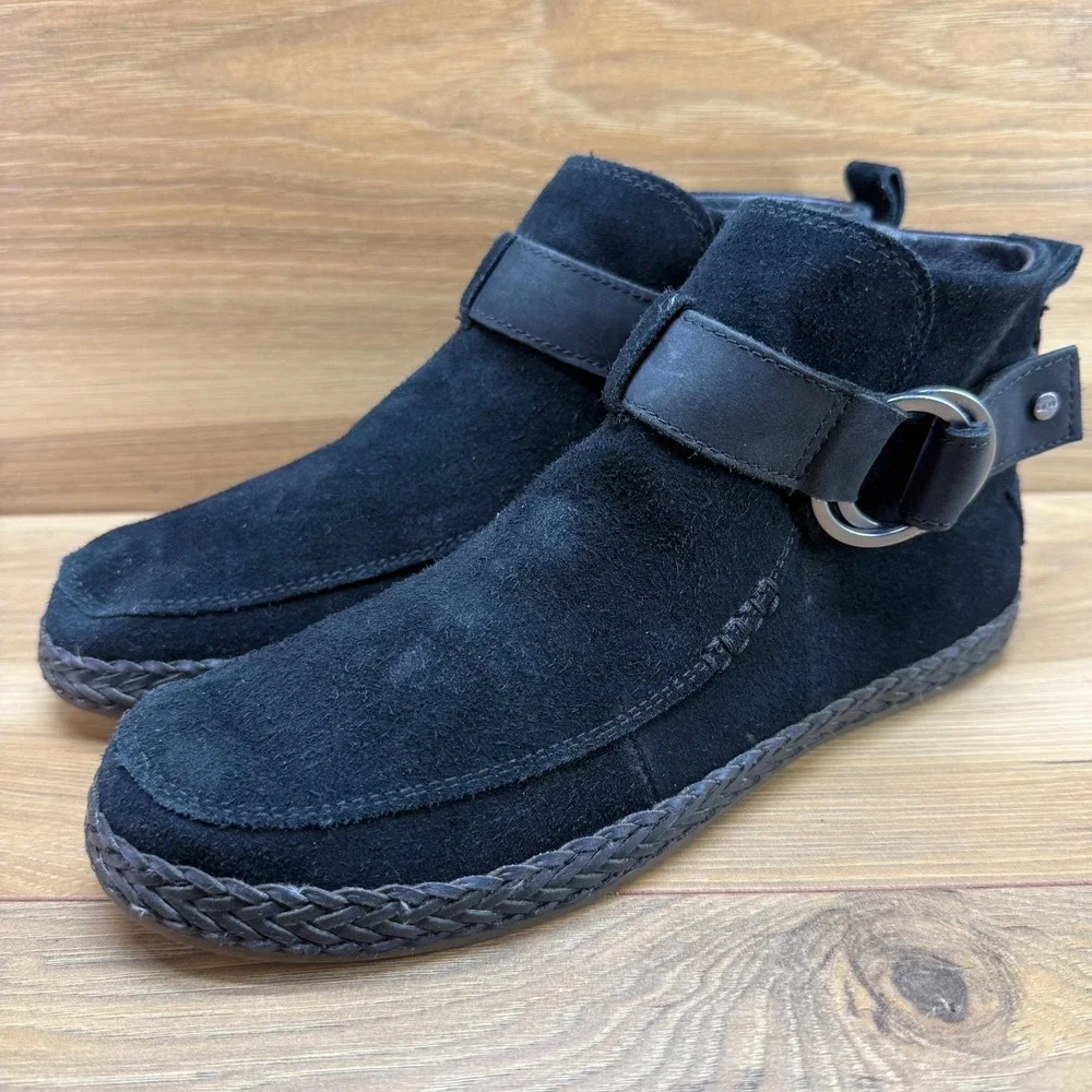 UGG Sloane Double Ring Ankle Boots Womens 7.5 Black Suede Braided Zipper
